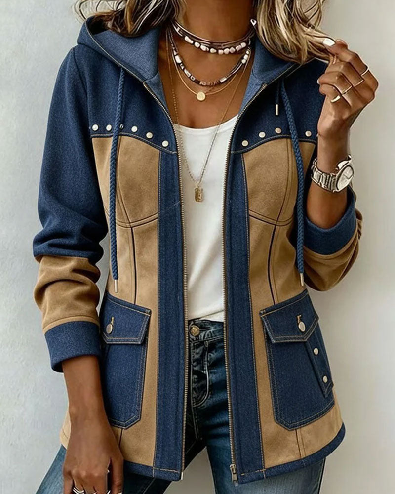 Hooded Zip Denim Patchwork Coat