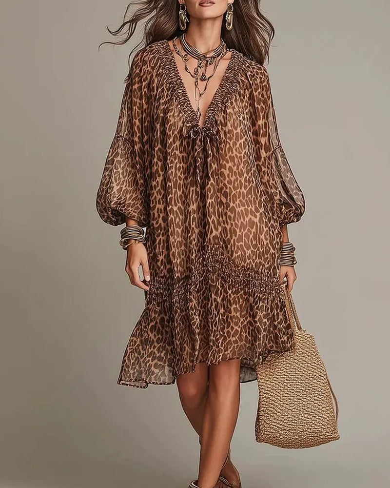 V-Neck Tie Leopard Lantern Sleeve Dresses