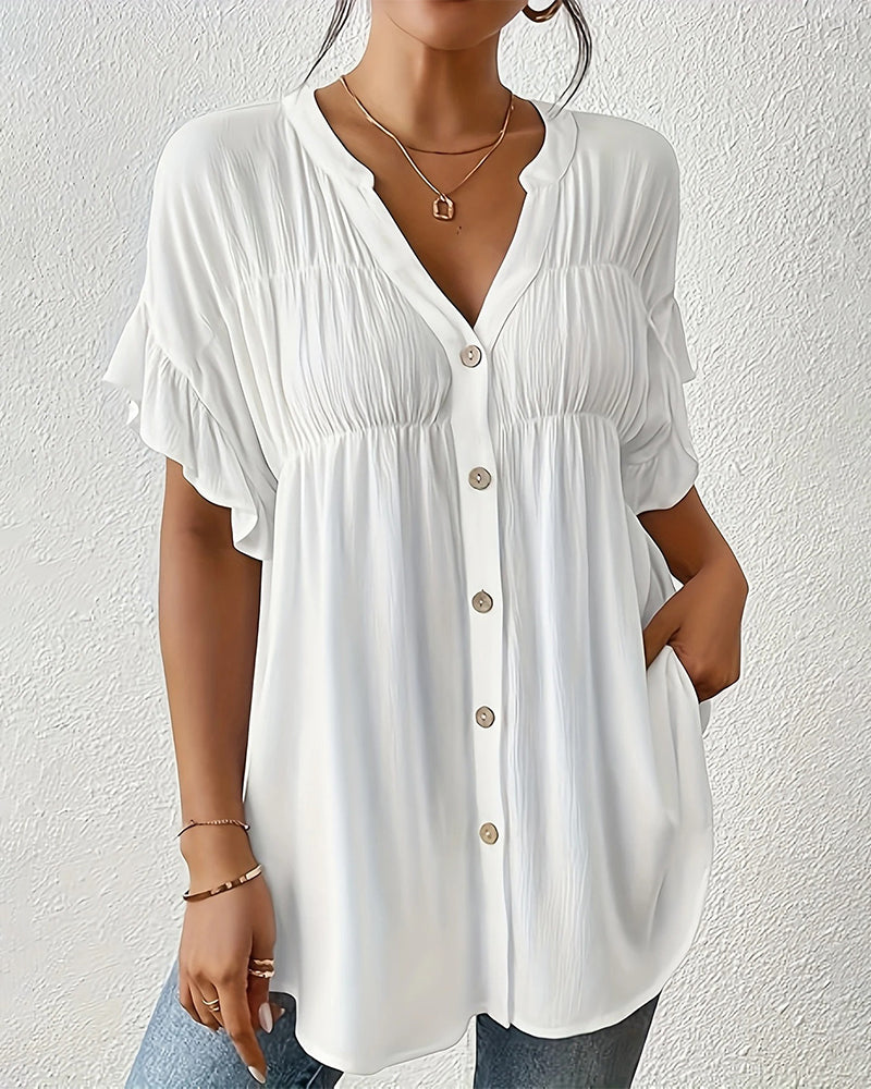 Casual Pleated Solid Color Blouse