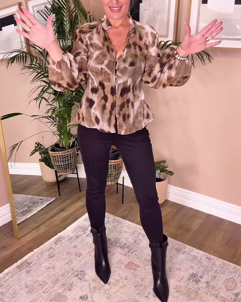 Casual Long-Sleeved Leopard Print Blouse