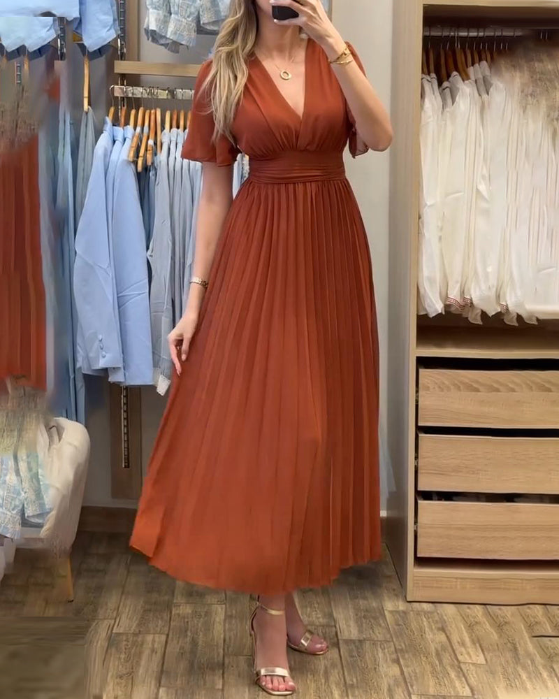 V-Neck Waisted Elegant Pleated Dress