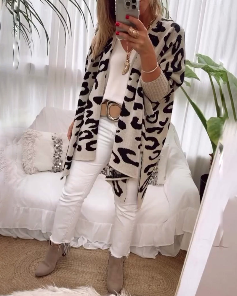 Casual long-sleeved leopard print cardigan