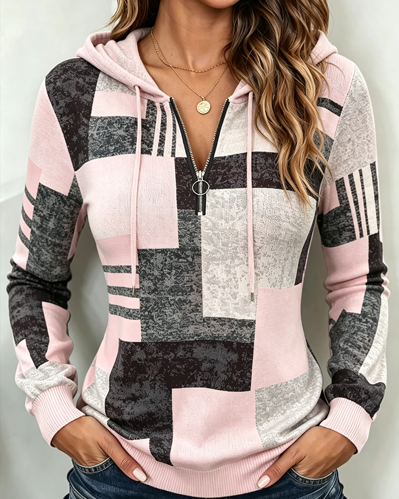 Half-Zip Casual Contrast Plaid Hoodie