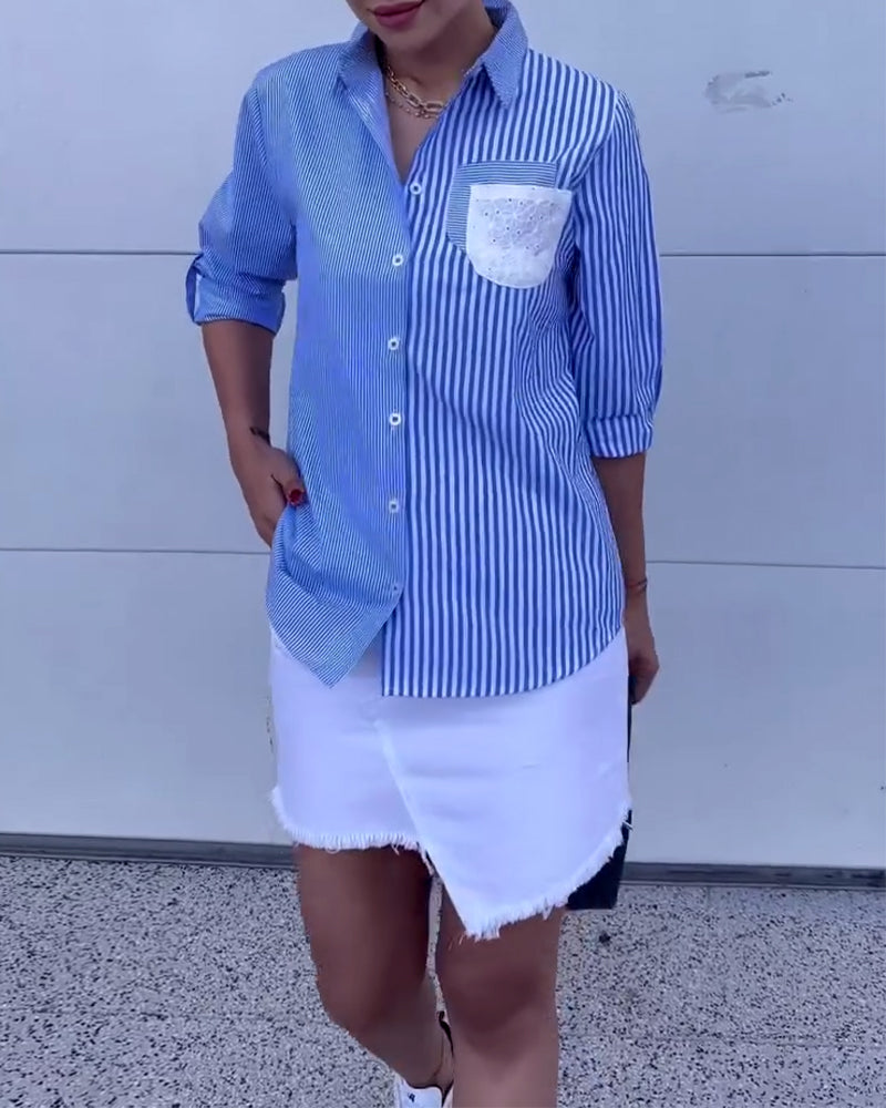 Casual Lapel Striped Back Lace Blouse