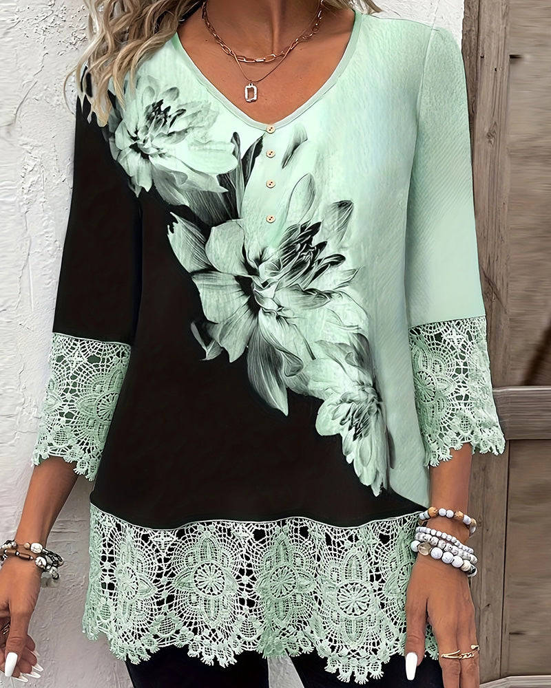 V-Neck Floral Color-Blocked Lace-Trimmed Shirt