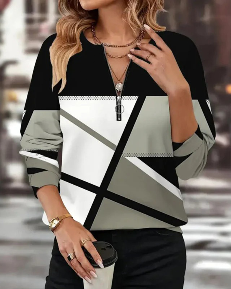 Zippered Geometric Pattern T-Shirt