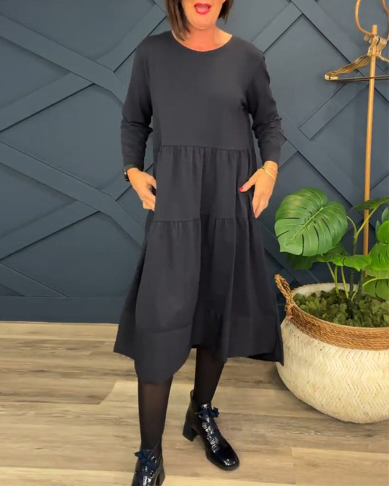 Casual solid color round neck patchwork dress