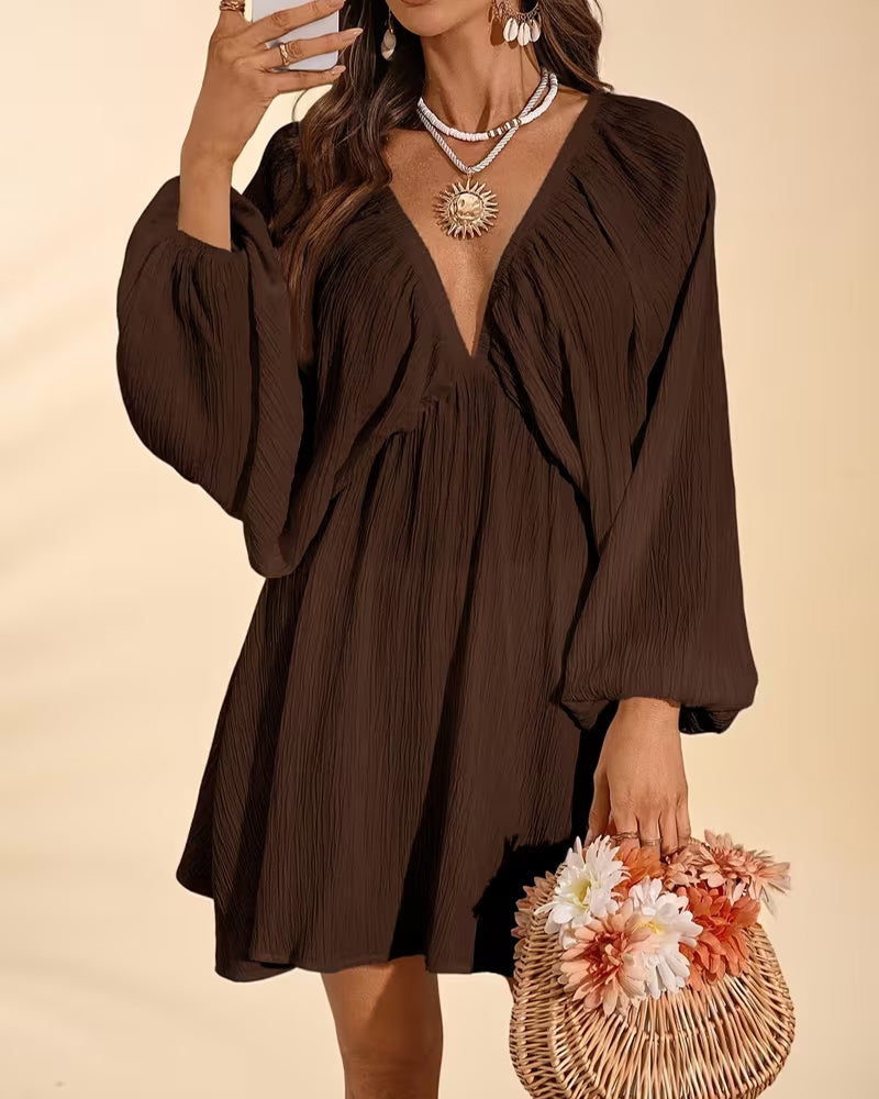 V-Neck Ruched Puff Sleeve Loose Dress