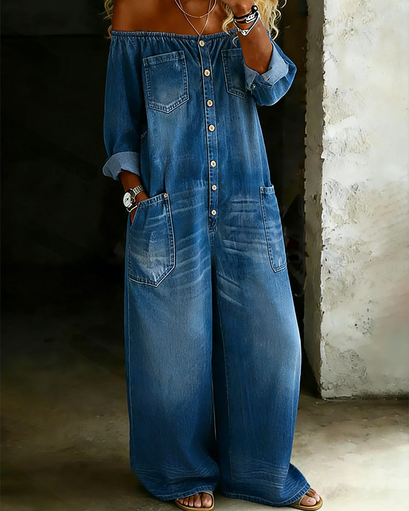 Off-Shoulder Denim Wide-Leg Jumpsuit