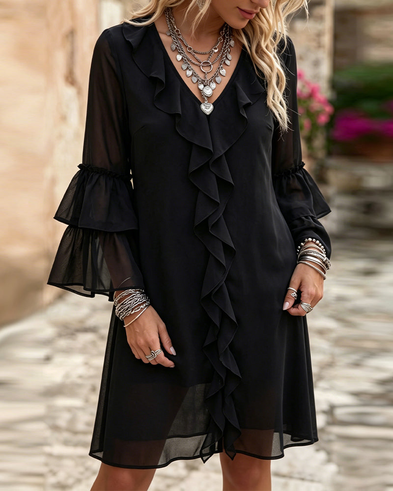 Ruffle Flare Sleeve V-Neck Dress