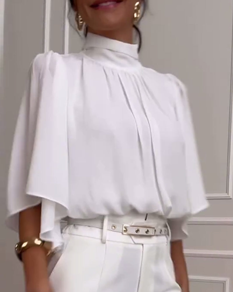 Solid color high collar butterfly sleeve blouse