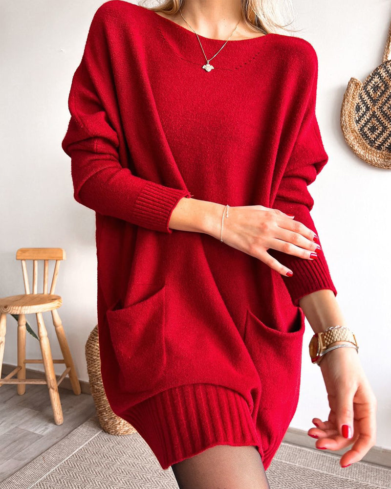 Casual solid color crew neck pocket sweater dress