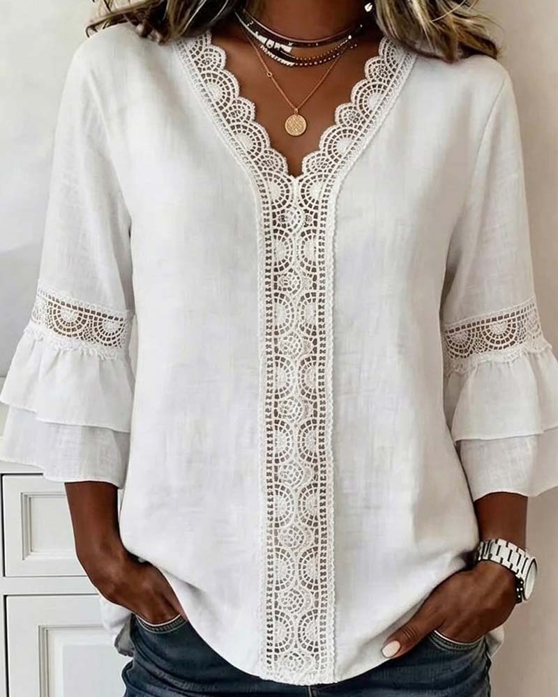 Lace V-Neck Double Layer Ruffle Bell Sleeve Blouse