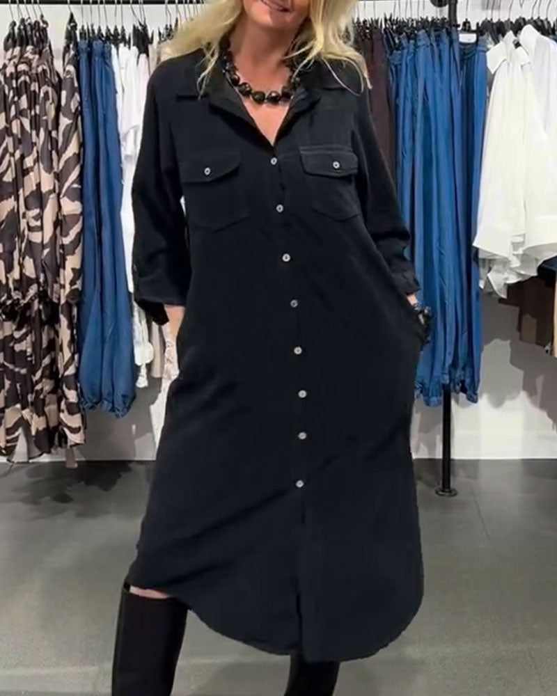 Lapel Pocket-Breasted Long Shirt Dress