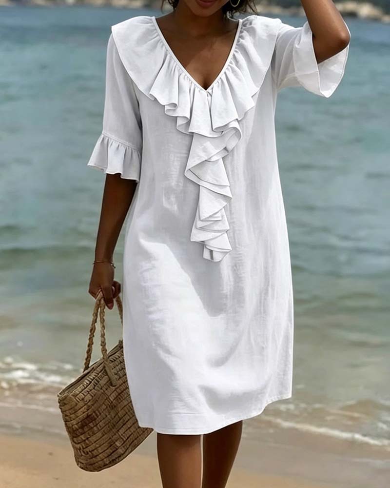 V-Neck Ruffle Shift Dress