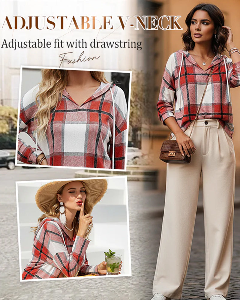 Women's Plaid V-Neck Hooded Long Sleeve Drawstring Sweater