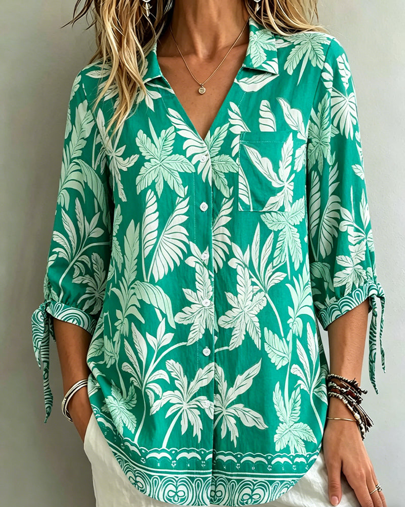 Short-Sleeve Tie-Front Printed Blouse