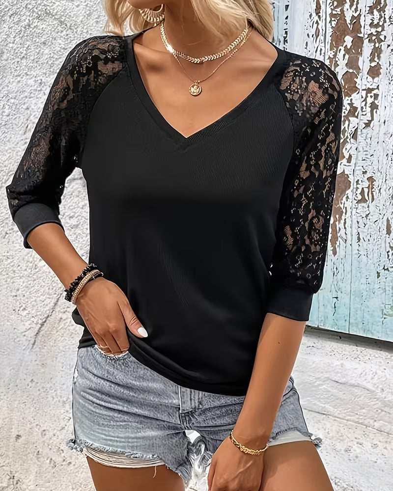 Solid Color Patchwork Three-Quarter Sleeve Top