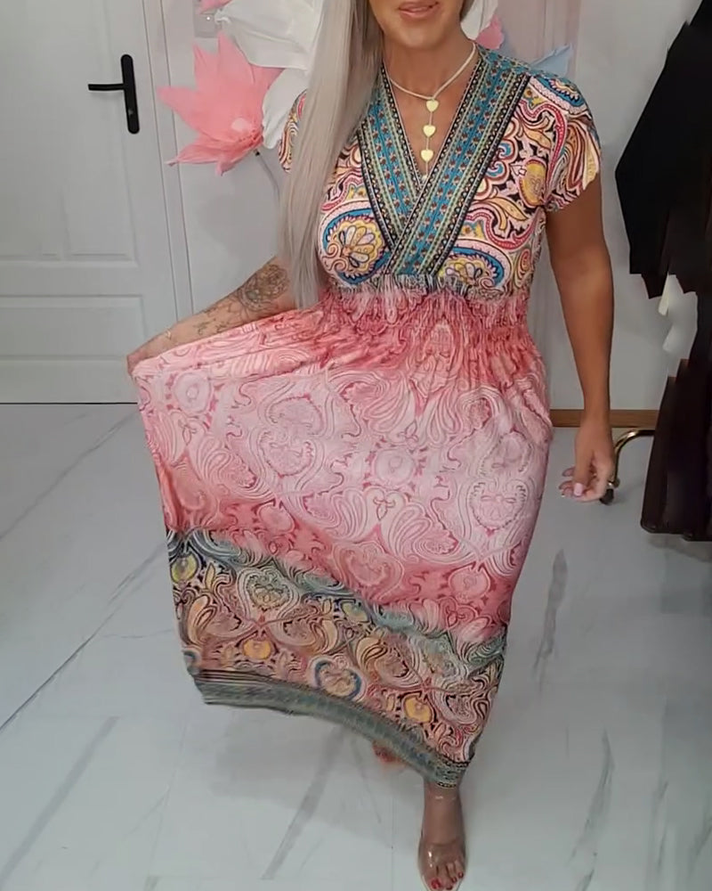 Bohemian V-Neck Waisted Holiday Dress