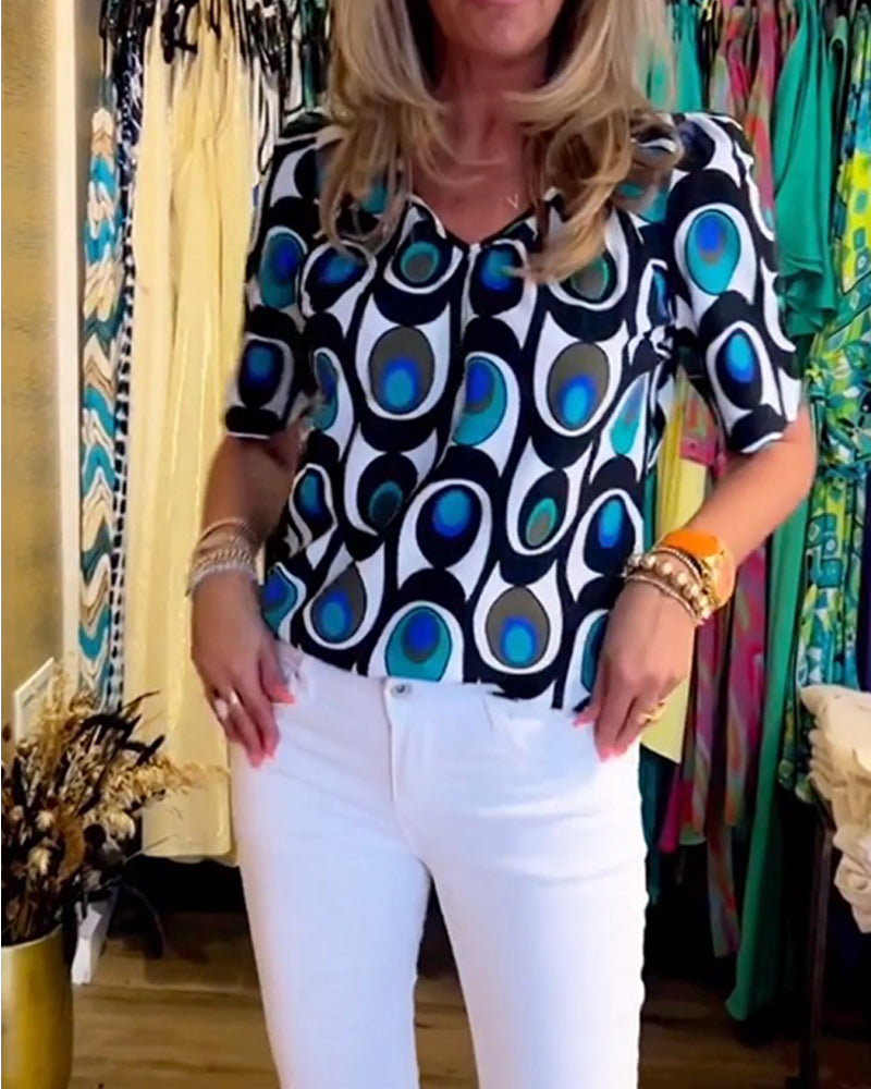 Geometric print puff sleeve casual top