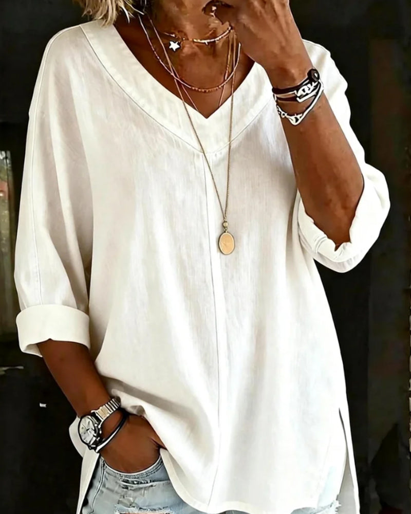 100% Cotton V-Neck Three-Quarter Sleeve Slit Top