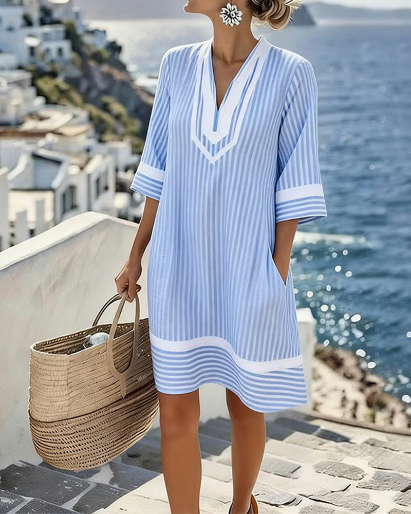 V-Neck Short Sleeve Striped Dress