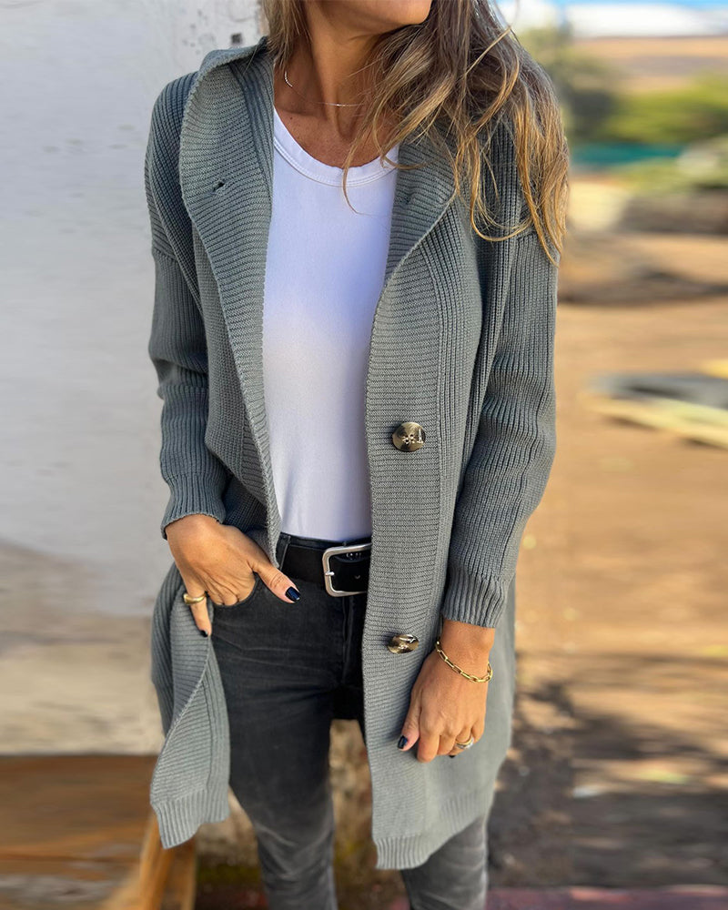 Casual solid color button pocket hooded cardigan