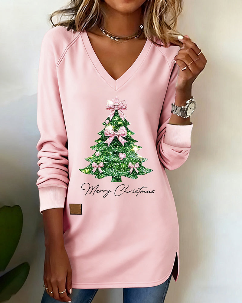 Christmas Tree Print Raglan Sleeve V-Neck Sweatshirt