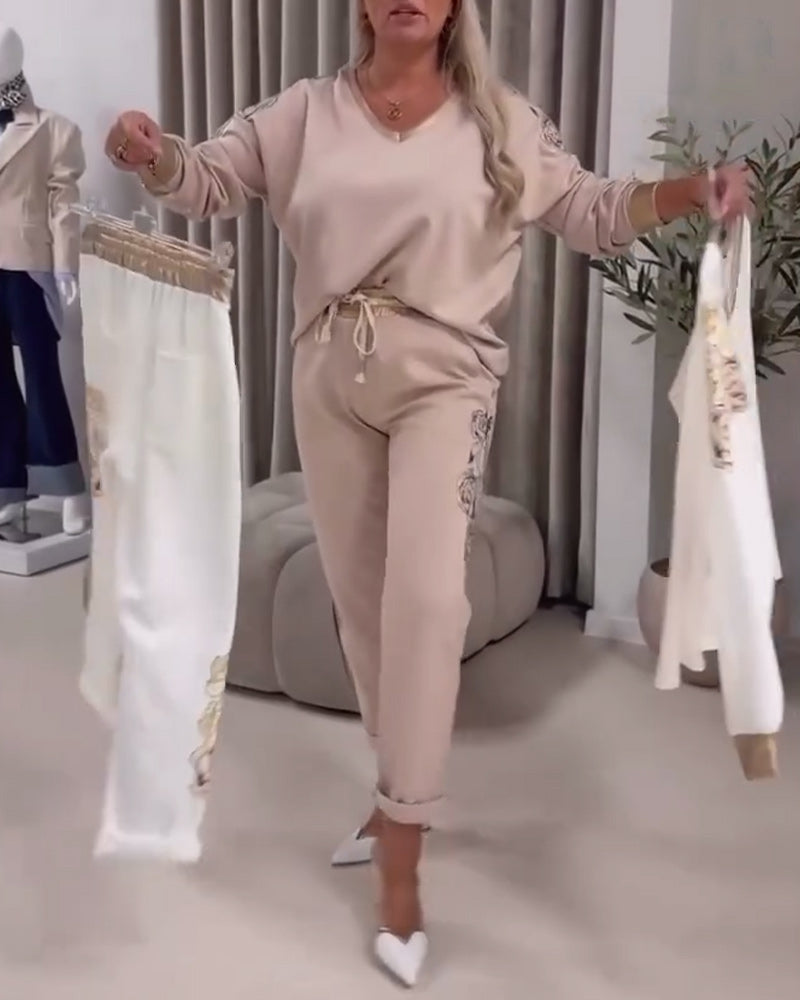 Long Sleeve V-Neck Casual Sweater Suit