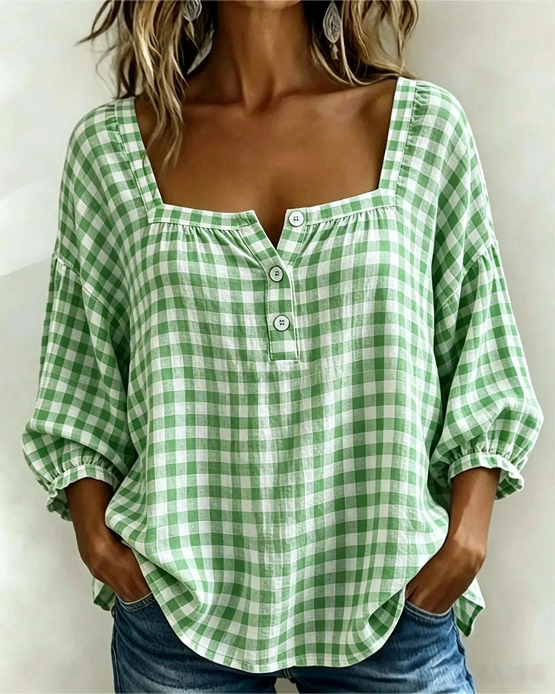 Square Neck Button-Up Plaid Blouse