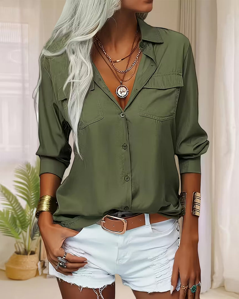 Women's Solid Color Shirt with Double Pockets