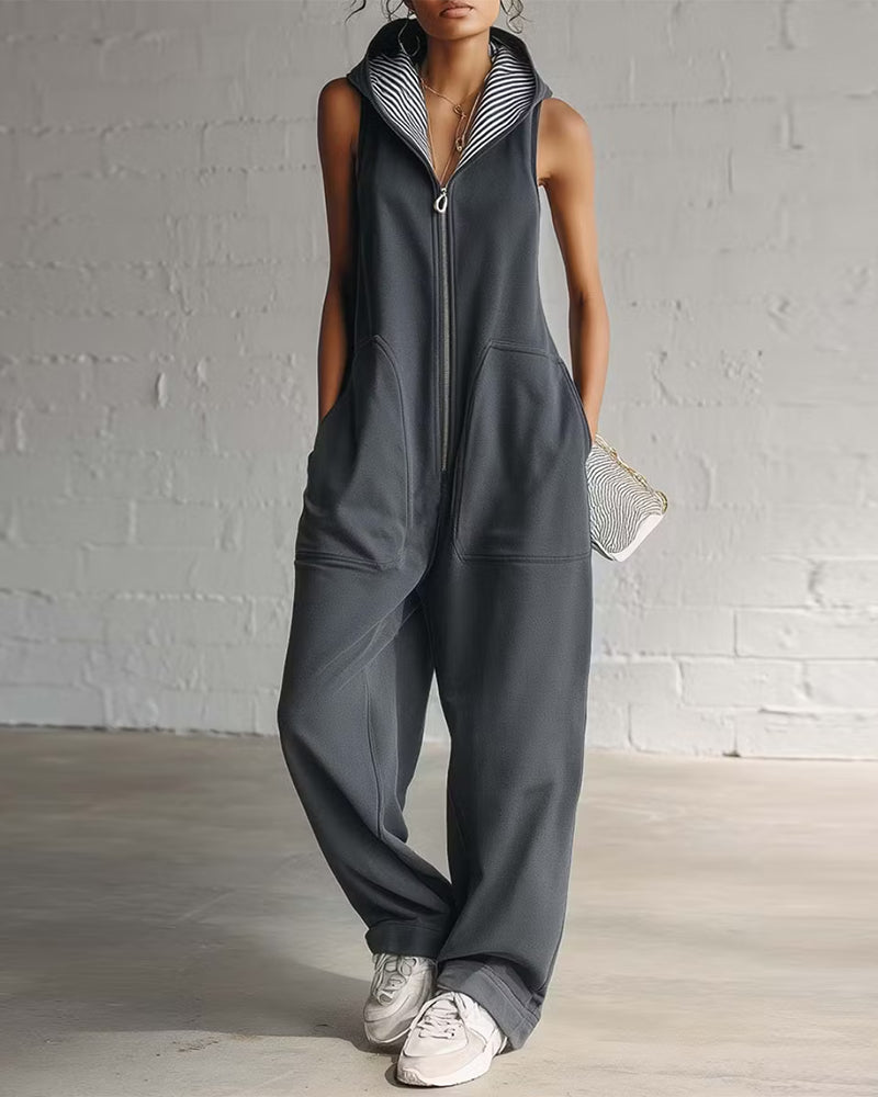 Hooded Solid Color Pocket Jumpsuit