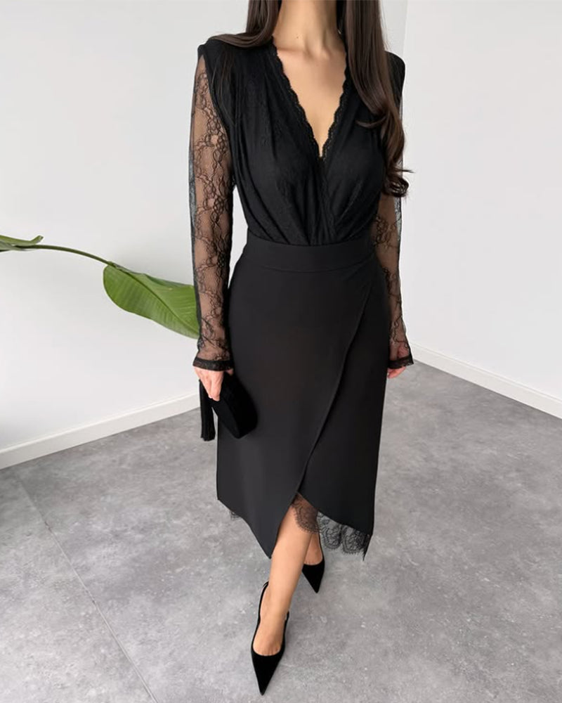 V-Neck Lace & Asymmetric Midi Skirt Set