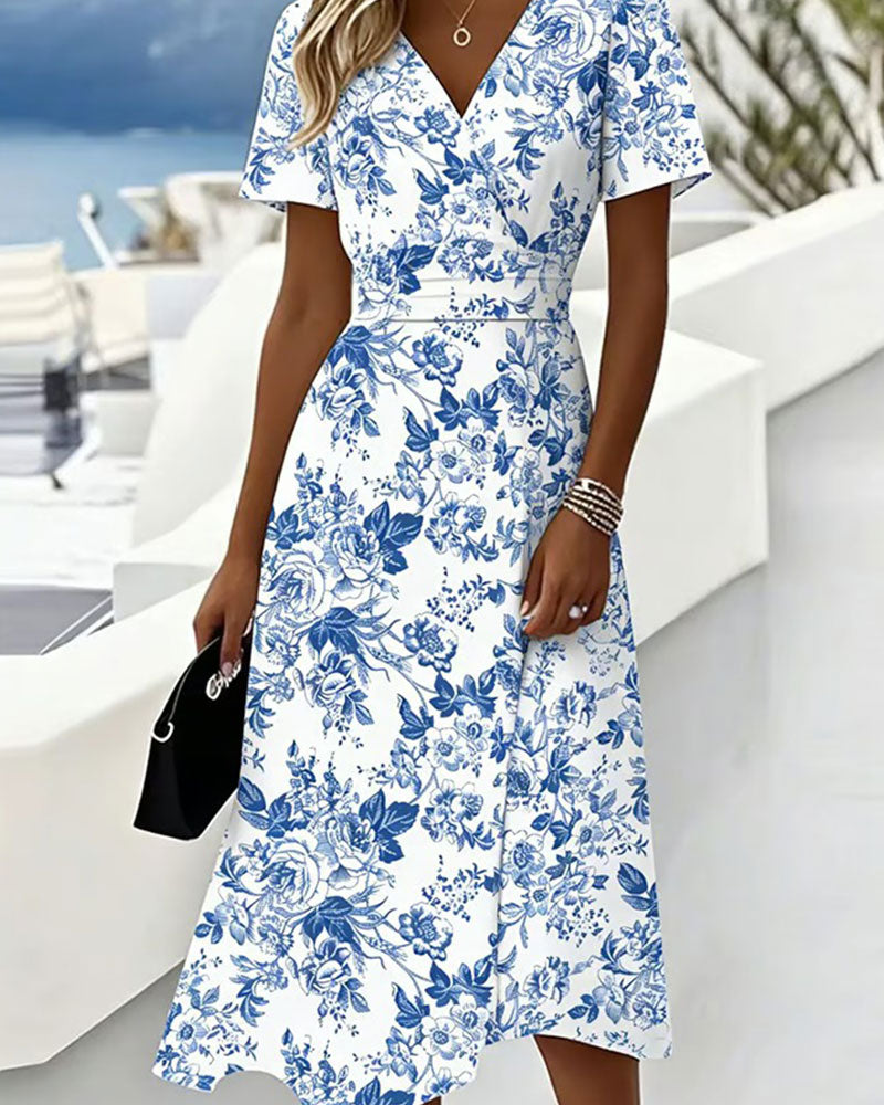 Blue and White Porcelain Print V-Neck Waist-Cinching Dress