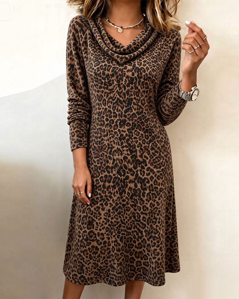 Slouchy Mock Neck Leopard Long Sleeve Dress