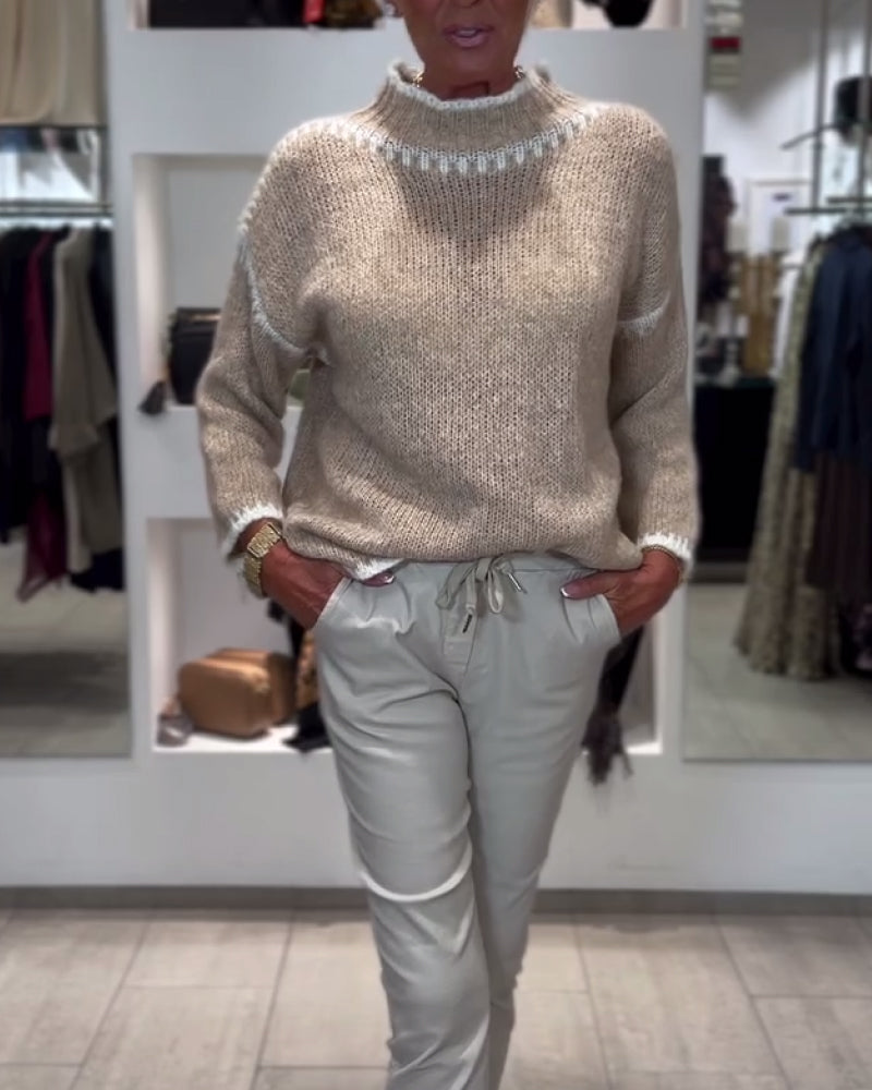 High-Neck Contrasting Color Versatile Pullover