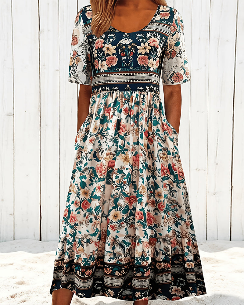 Vintage Floral Waist-Cinching Midi Dress