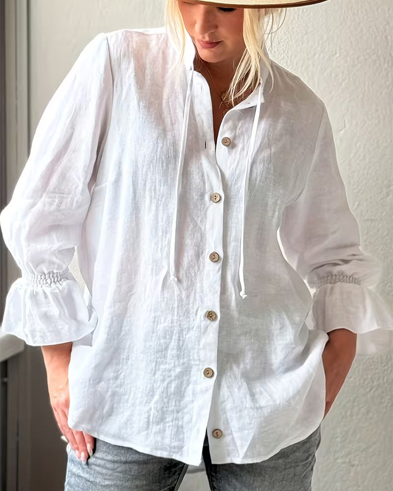 Solid Color Tie-Front Ruffle Sleeve Shirt