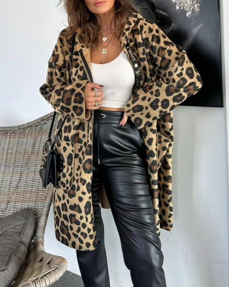 Casual leopard print pocket hooded coat