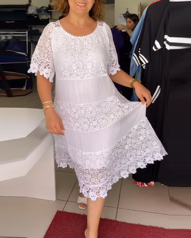 Solid color short sleeve lace dress