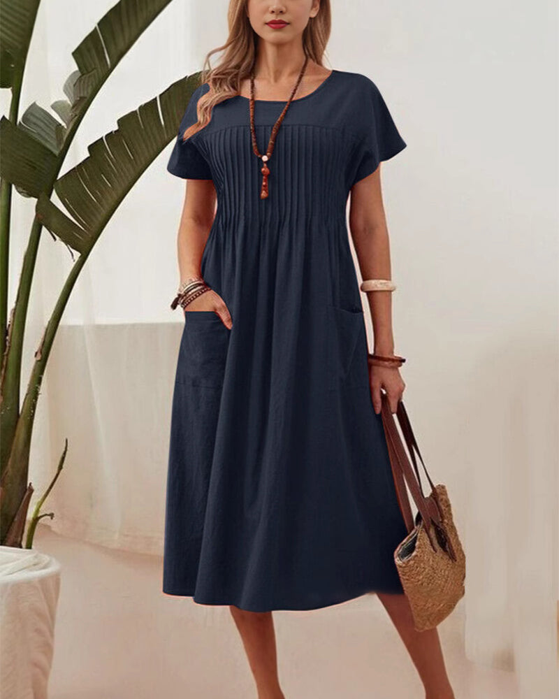Pleated Short Sleeve Cotton And Linen Dress
