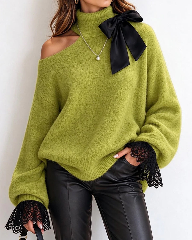 Turtleneck Bow Off-Shoulder Lace Patchwork Pullover