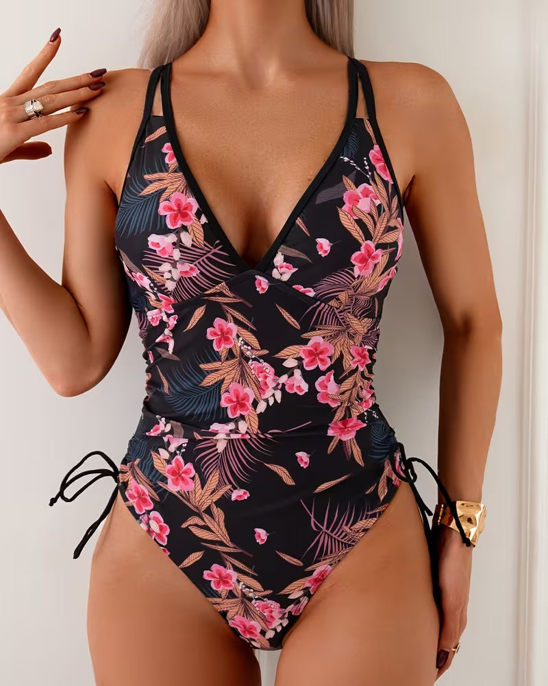 Casual Drawstring Floral One-Piece Swimsuit
