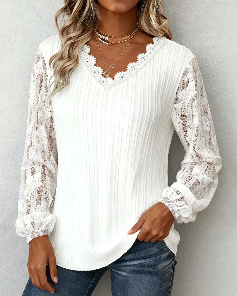 Lace-Trimmed V-Neck Ribbed Top