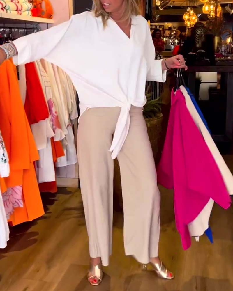 Tie Solid Color V-Neck Blouse