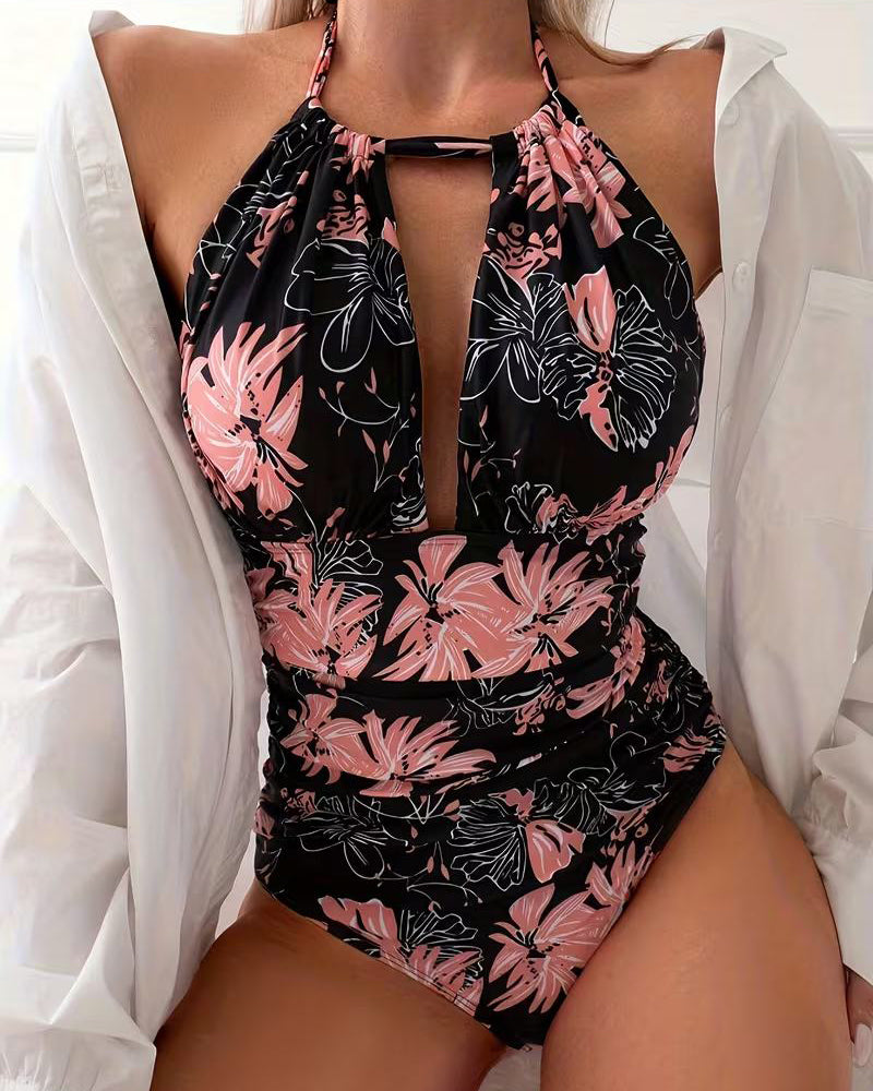 Halter-Neck Floral Print One-Piece Swimsuit