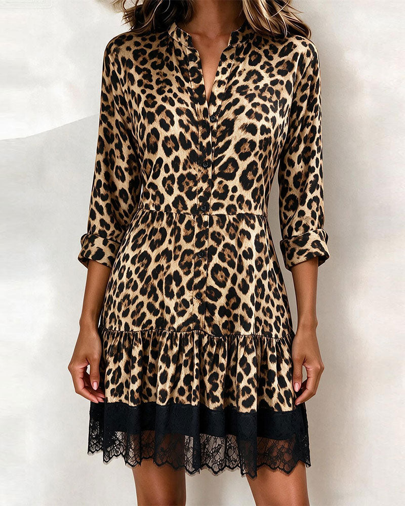 Leopard Print Stand Collar Three Quarter Sleeve Dress