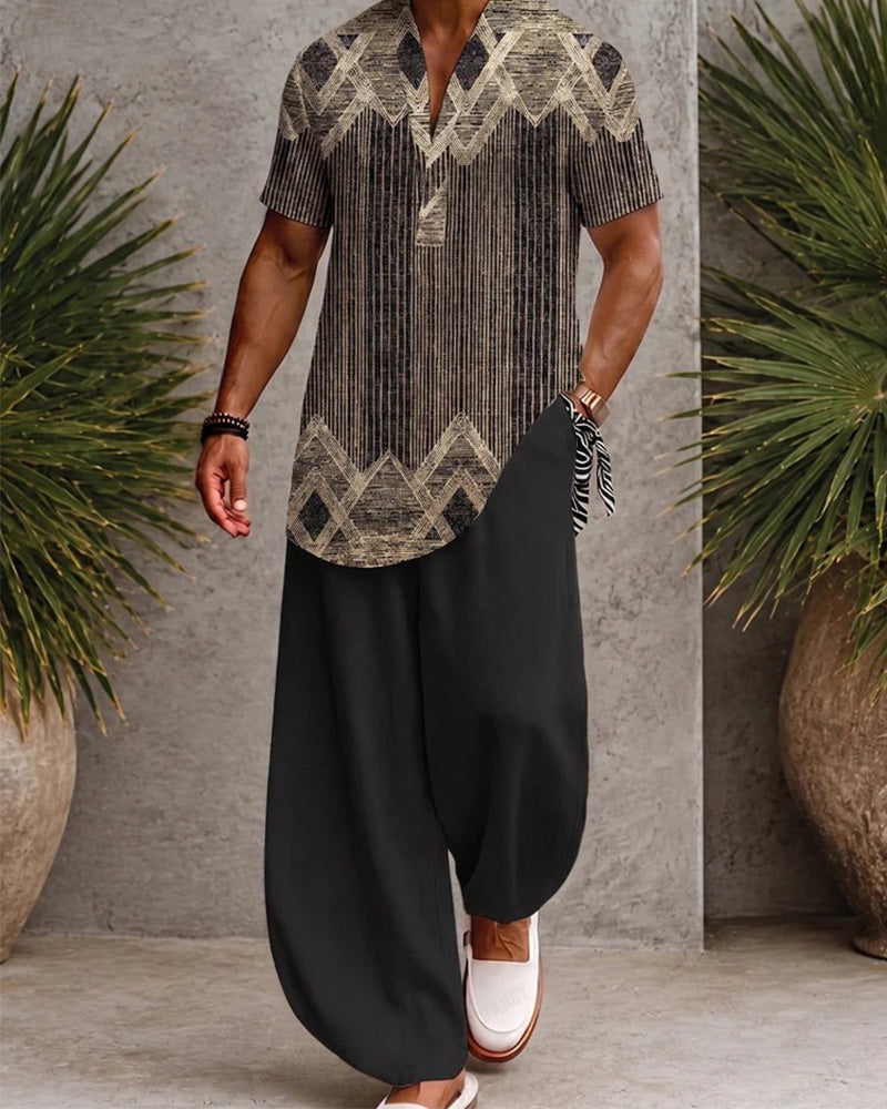 V-Neck Striped Men's Short Sleeve Blouse