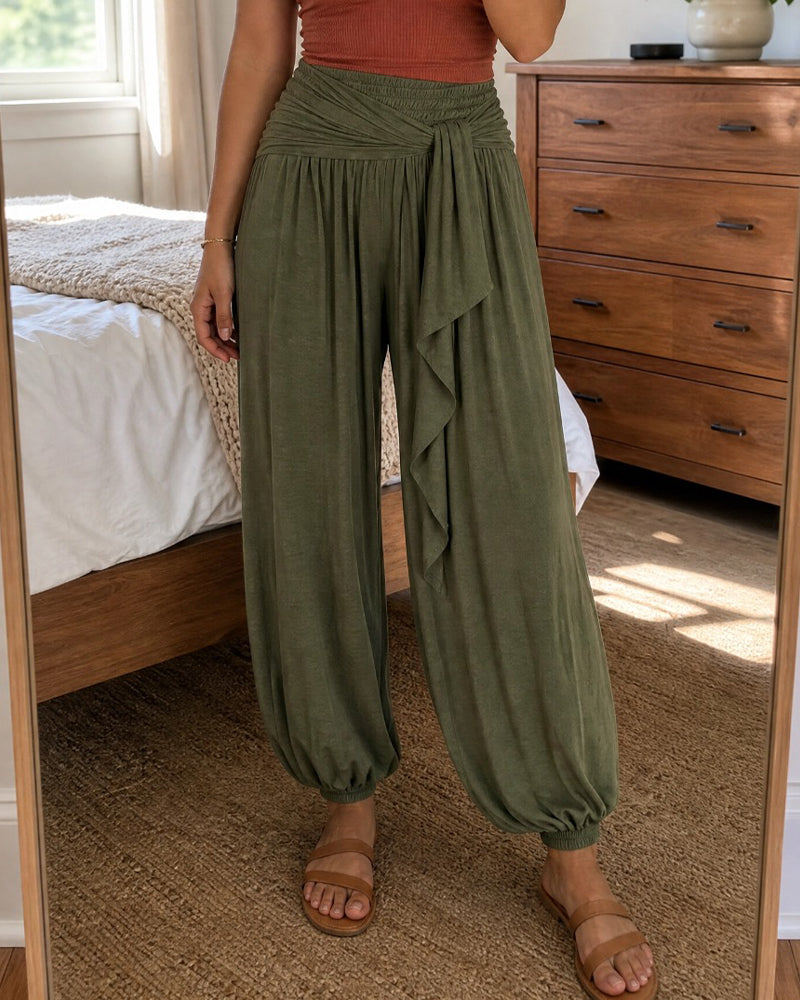 Solid Cuffed Drawstring Balloon Pants
