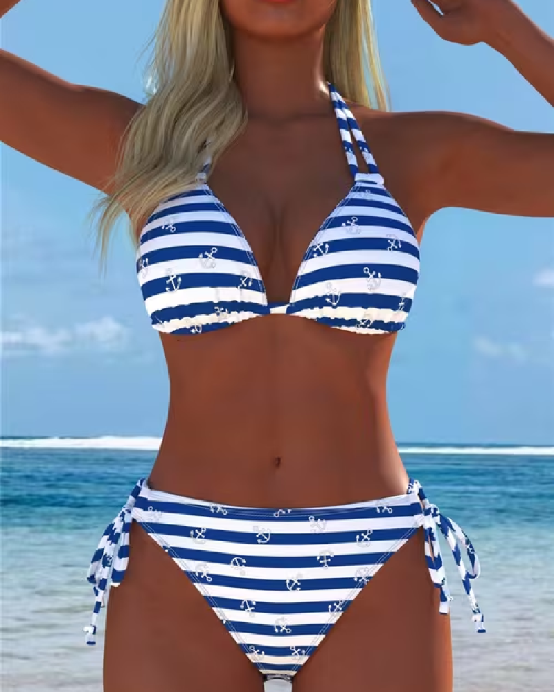 Double Strap Halter Striped Bikini